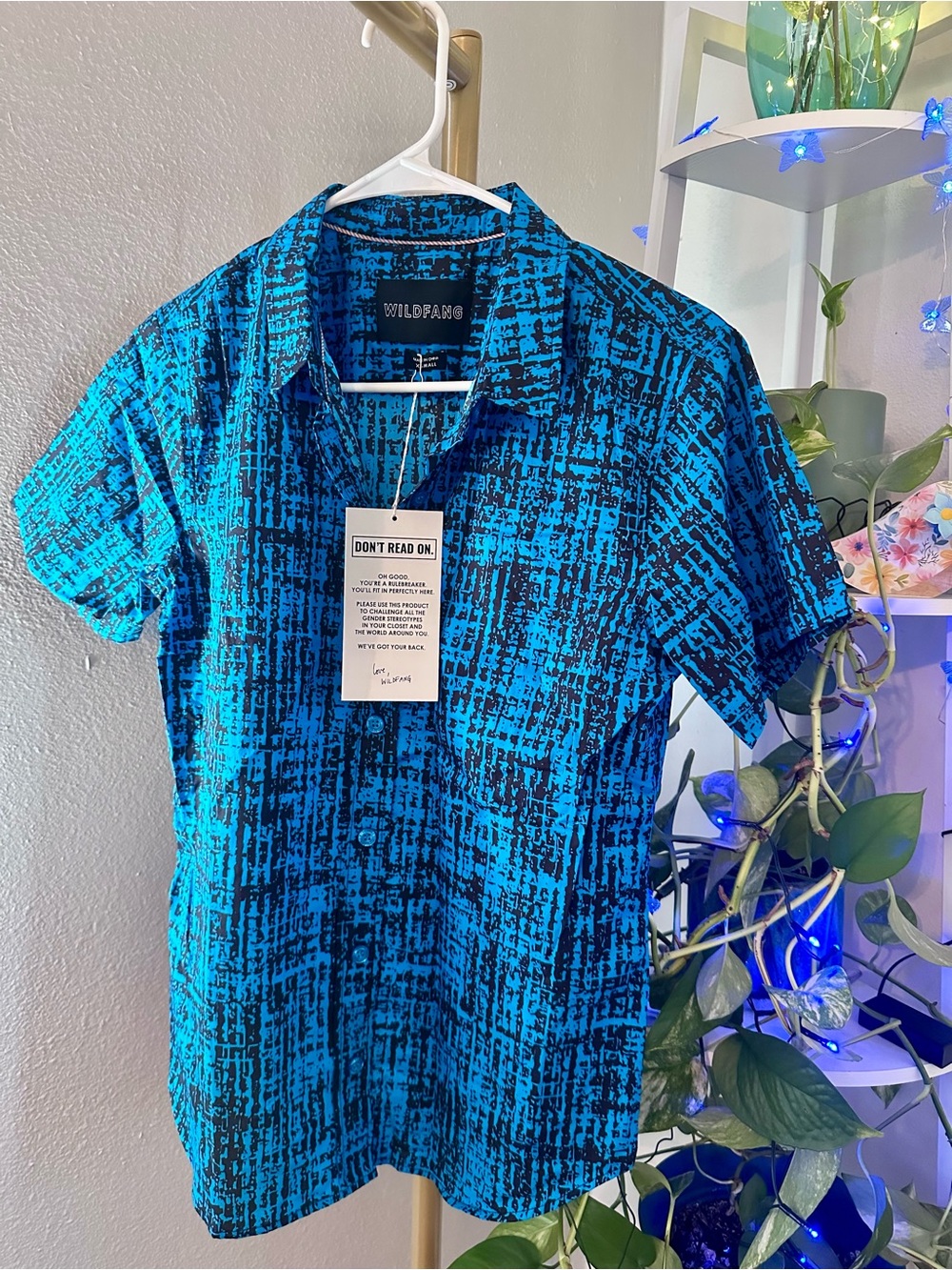 Wildfang Turquoise & Black Abstract-Print Short-Sleeve Button-Up Shirt-  Cotton